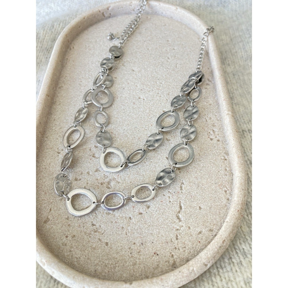 Silver Tone Hammered Disc Open Oval Link Necklace Multi Strand Statement